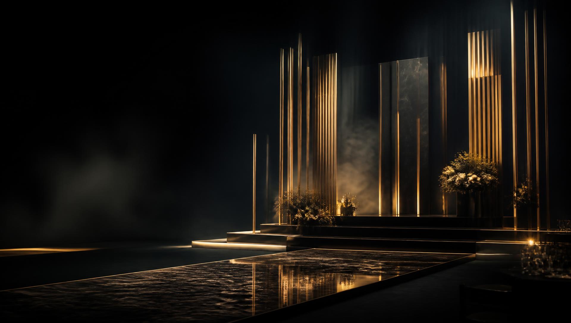Golden vertical light columns on a dark event stage