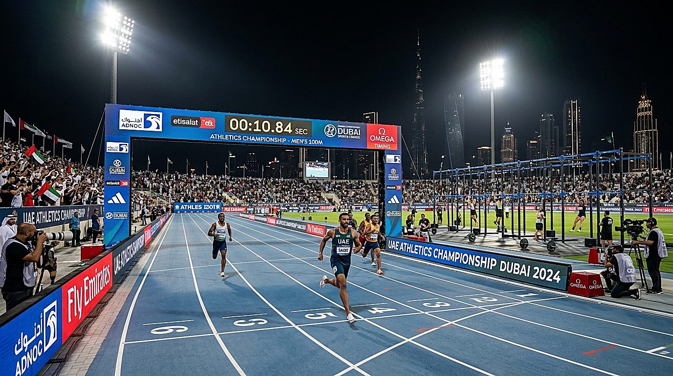Professional Dubai athletics championship and outdoor fitness arena under stadium floodlights