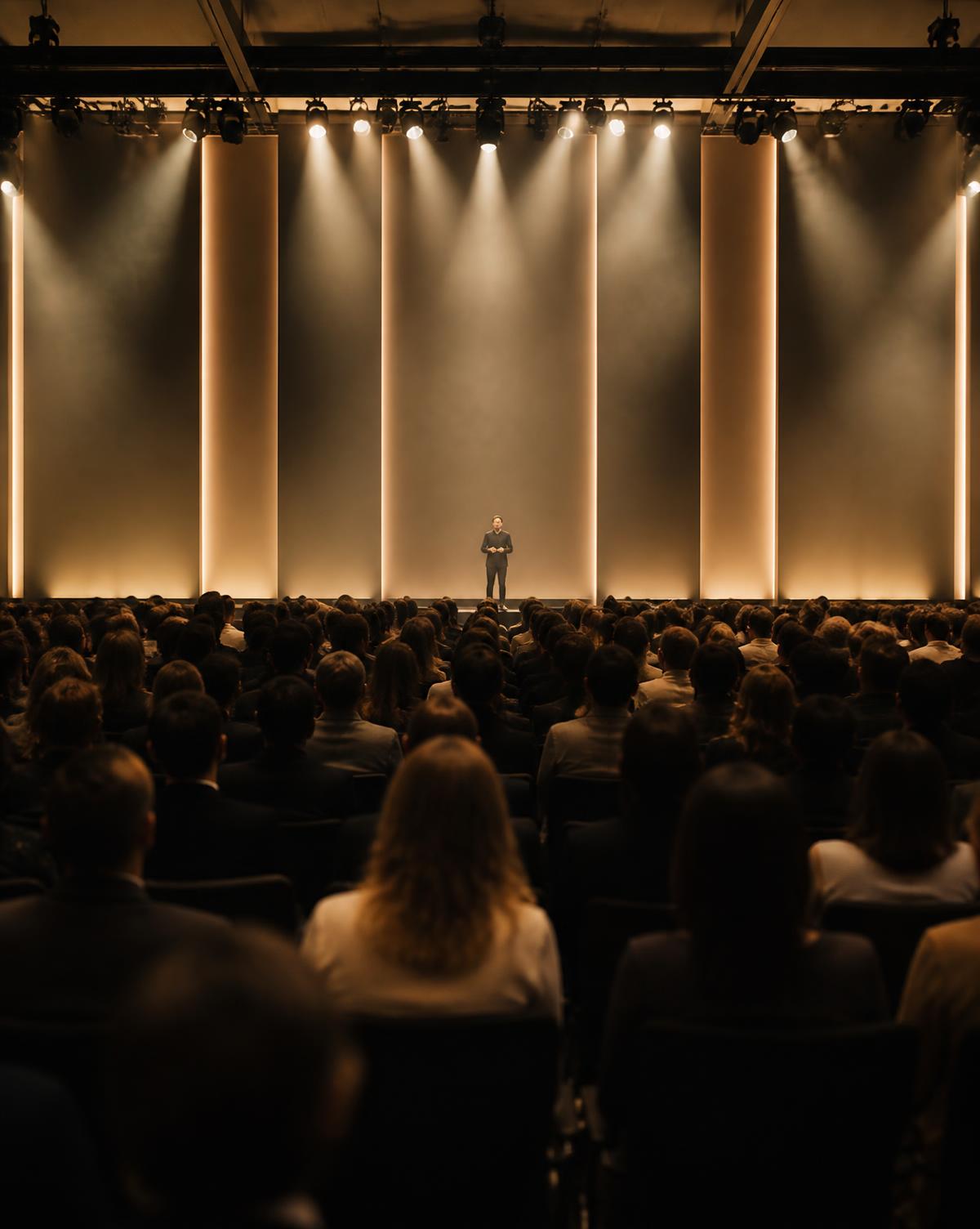 Corporate conference audience facing a lit stage