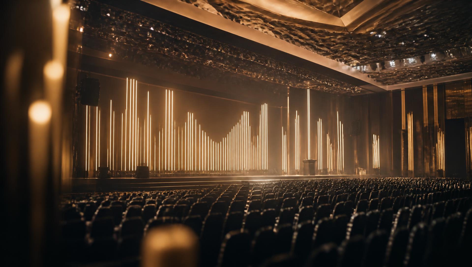 Auditorium stage lit by vertical light bars