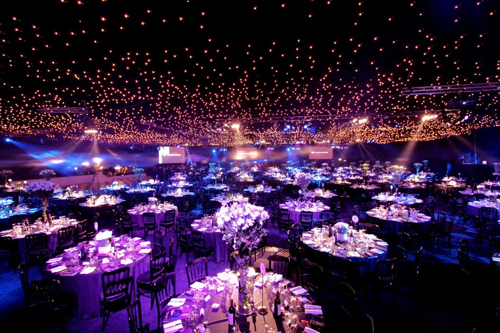Starlit ballroom ceiling canopy with warm mood lighting
