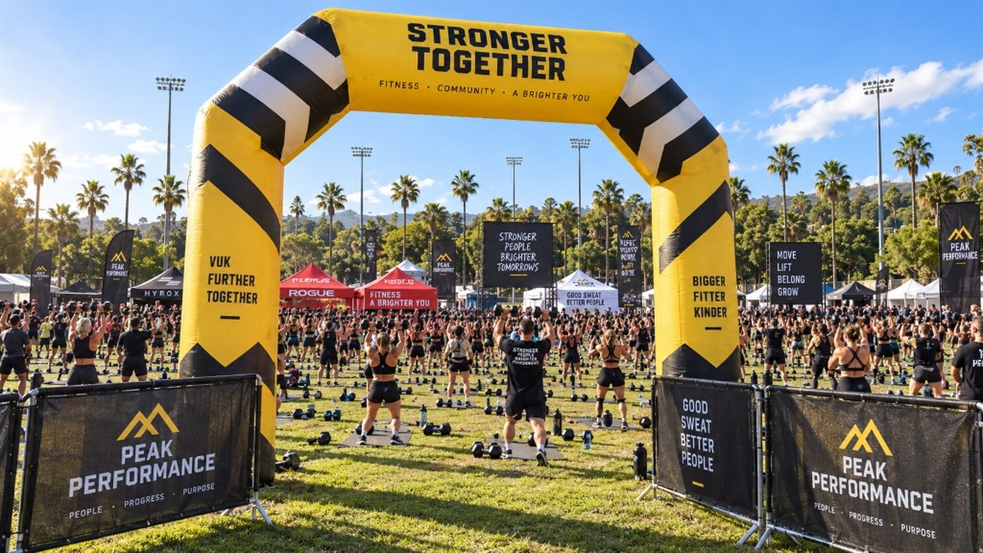 Monumental outdoor athletic festival and mass participant spectacle under open skies