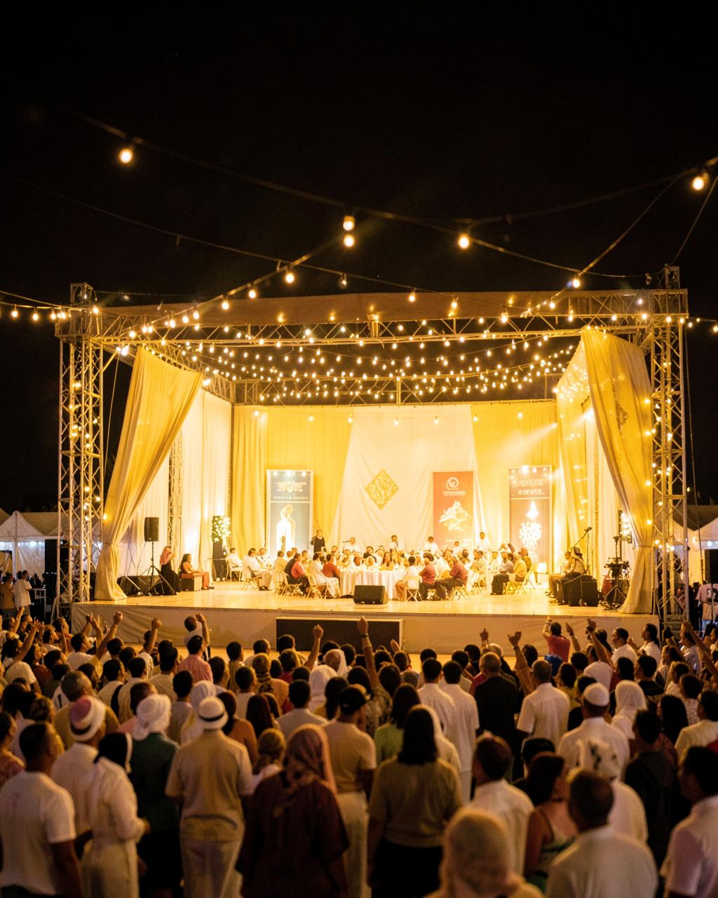 Open-air festival stage glowing at night