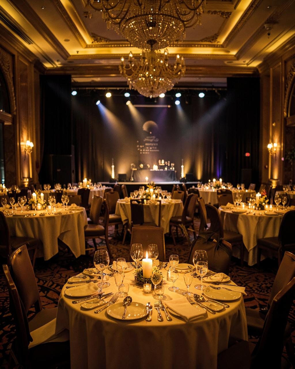 Champagne-lit gala ballroom with golden tables