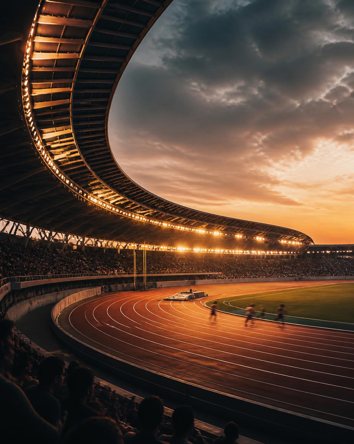 Athletes in motion on a stadium track