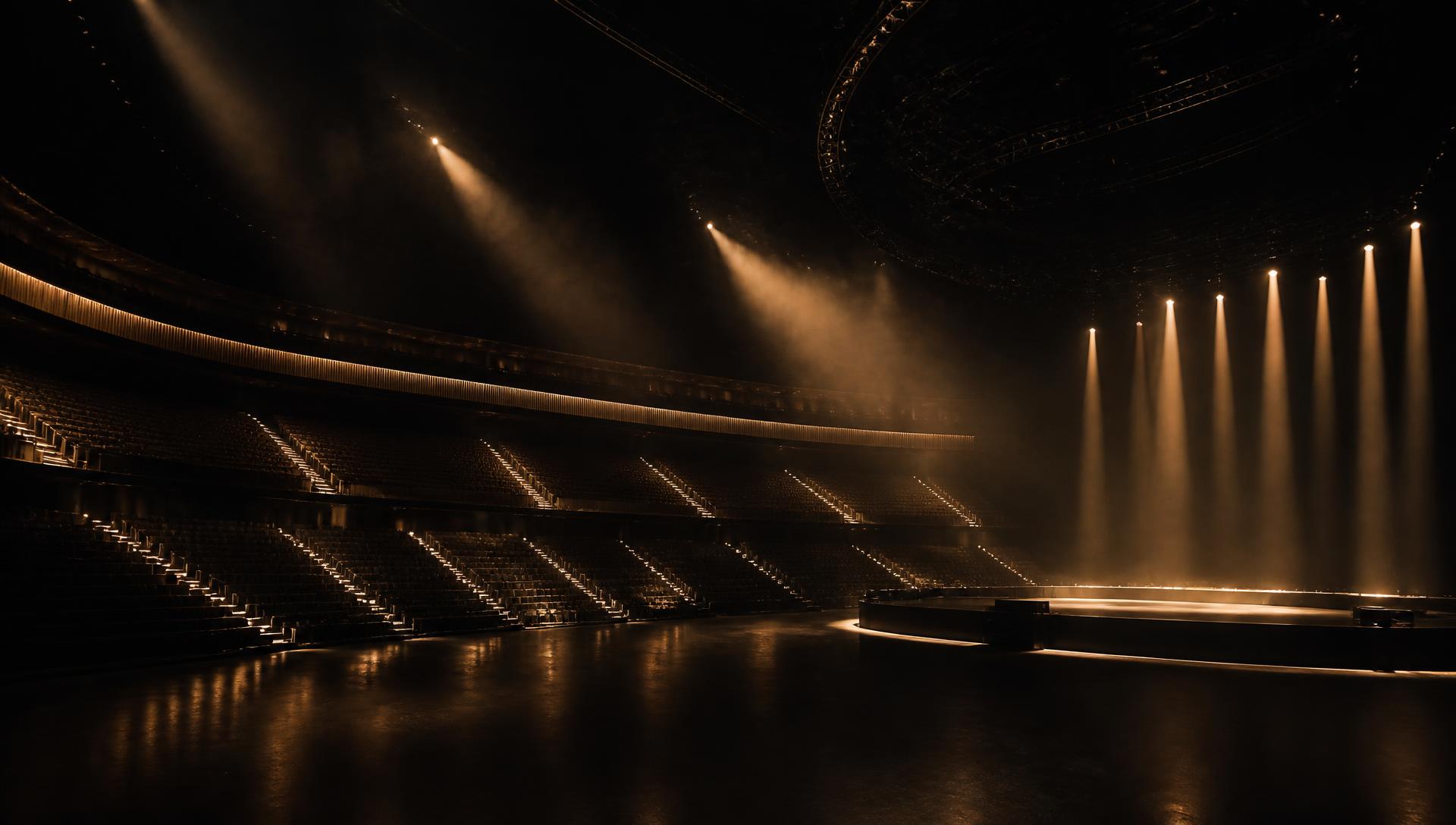 Empty arena at night lit by warm golden beams